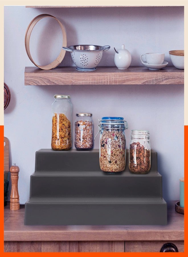 Bathla منظم رفوف بلاستيكي من باثلا - (مجموعة من قطعتين) خزانة عرض متعددة الأغراض للمطبخ والمنزل والمكتب | 3 درجات عريضة | حامل توابل | منظم مكياج ومستحضرات تجميل | مانع للانزلاق | أبيض لؤلؤي ورمادي داكن - Image 2